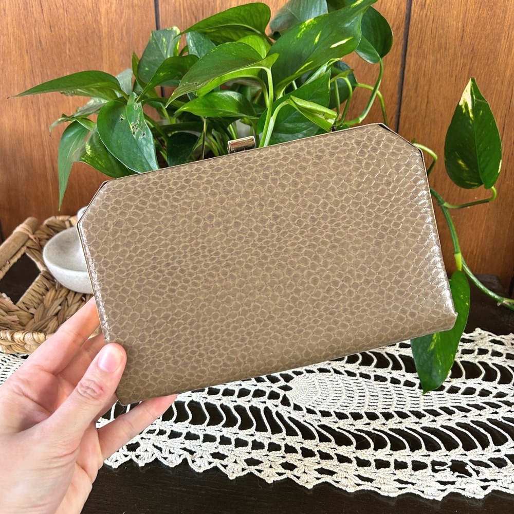Vintage‎ Faux Snakeskin Box Clutch Bag Taupe Brown Gold Tone Evening Purse